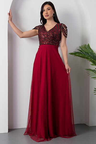 PULLIMM Üstü Pul Payetli Altı Tül Uzun Abiye Elbise 13118