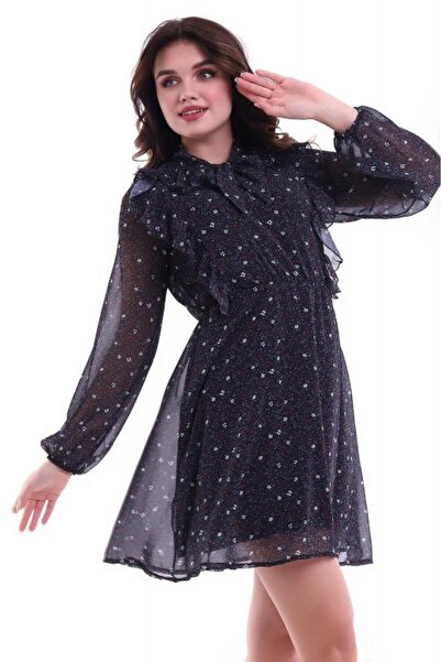 MODANESS Çiçekli Uzun Kol Elbise Siyah Mdnss04