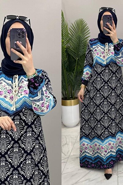 Generic Brand Viscose Fabric Sea Dress Women's Navy Blue Patterned Collar Tie...
