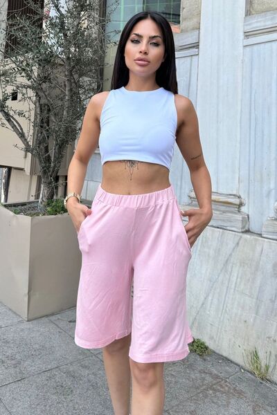 Juuuj Γυναικείο σορτς σε πούδρα με διπλό πόδι, ελαστική μέση που δεν είναι ενοχλητική, με τσέπες, φαρδύ σορτς κάπρι