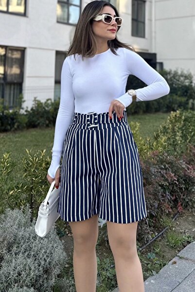 Juuuj Kadın Laci Kemerli, Yüksek Bel, Pliseli, Rahat Kesim, Gabardin Şort