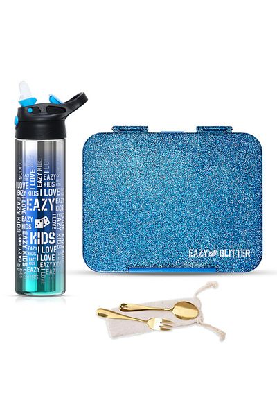 Eazy Kids Eazy Kids 6&4 Convertible Bento Lunch Box w/ Water Bottle and Spoon Fork Set - Glitter Blue