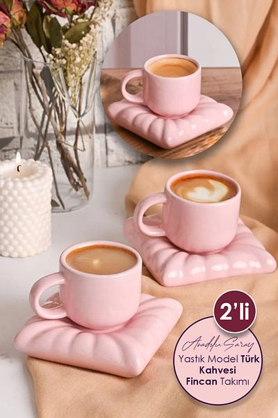 Anadolu Saray 2Pcs Handmade Ceramic Pink Cushion Cushion Model Handmade Turkish Coffee Cup Set 90ml