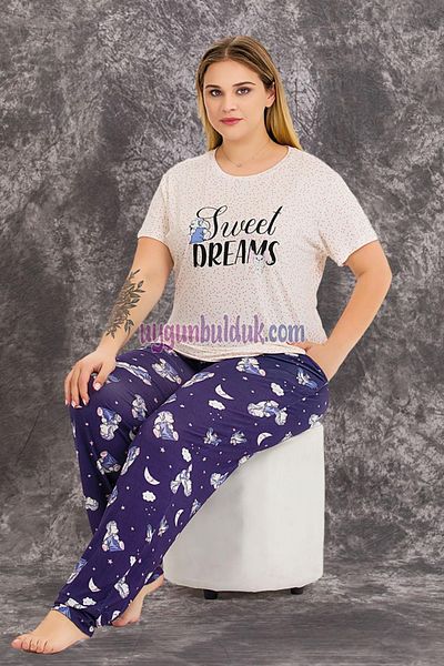 quilling Navy Blue - White Colored and Patterned Women's Cotton Large Size Mother Pajama Set - 10978