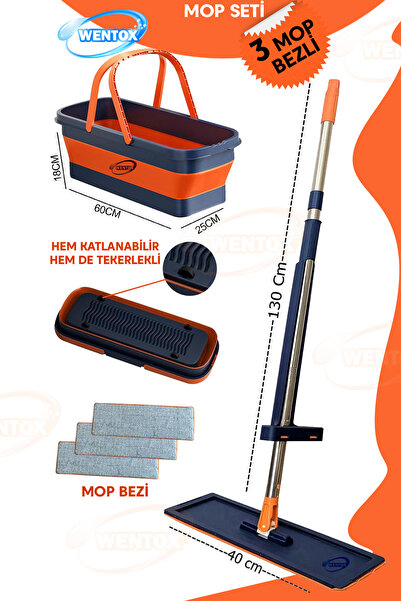 wentox Katlanabilir Tekerlekli Kendinden Sıkma Mop Ve Kova 2 Bezli
