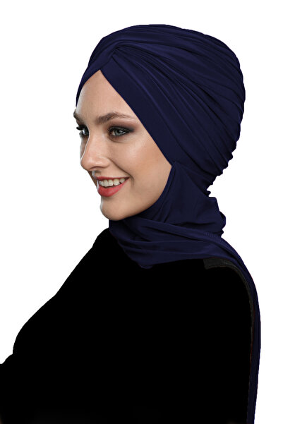 fidan bone عمامة جاهزة باللون الأزرق الداكن مع وشاح متقاطع على شكل حرف W، منا...