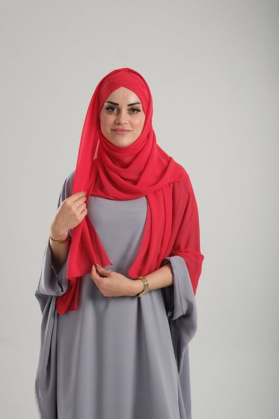 HÜRREM BONE Practical Red Chiffon Boned Bonnet Shawl - Single Band, Snap 1453_31