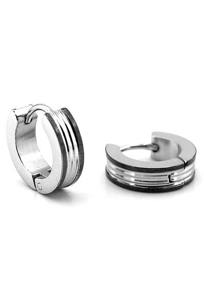 Solfera Black White Stripes Design Silver Color Stainless Steel Men Hoop Earrings Er138