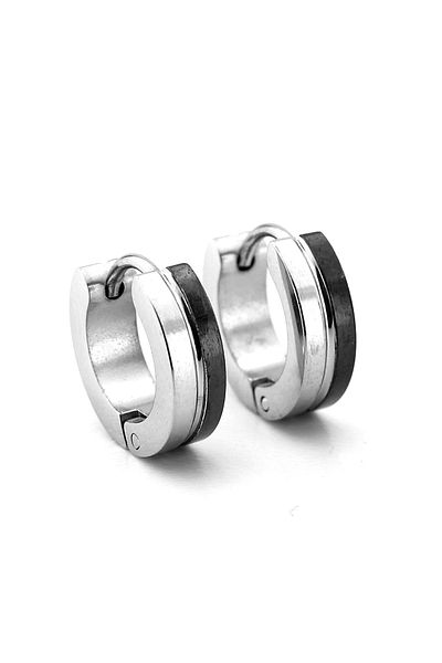 Solfera Men's Unisex Earrings - Black and White Stripe, Stainless Steel Hoop, Straight Cut Er134