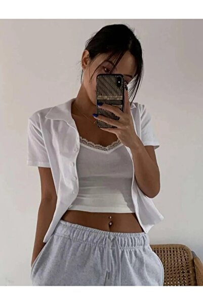 Touz Moda Basic Besty Lace Λεπτομέρεια Απλό Crop Μπλούζα