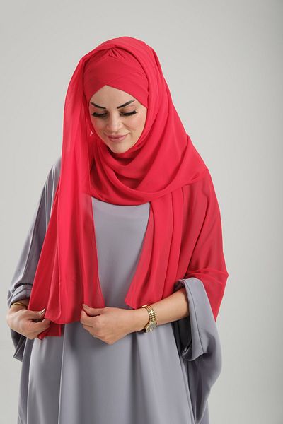 HÜRREM BONE Practical Red Chiffon Boned Bonnet Shawl - Single Band, Snap 1453_31