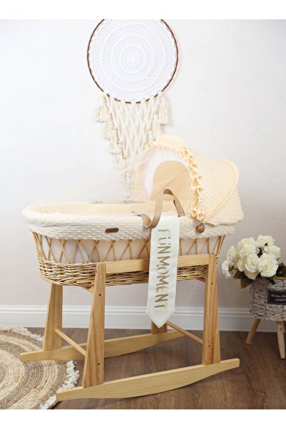 Fun Moment سرير سلة موسى (بيج) مع حامل هزاز (طبيعي)