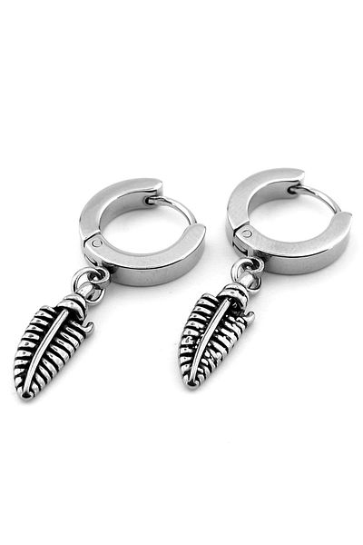 Solfera Unisex Men's Earrings - Stainless, Leaf Dangle, Surgical Steel Hoop Er188