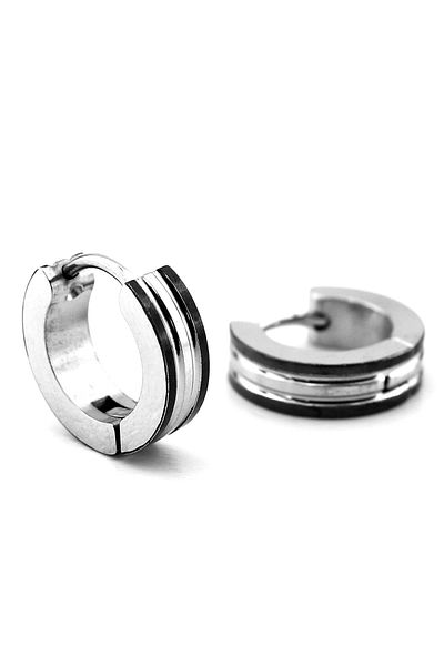 Solfera Black White Upright Stripes Silver Color Stainless Steel Men Hoop Earrings Er139