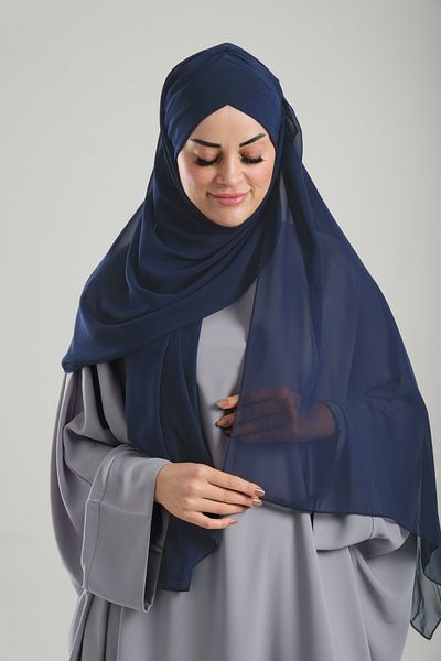 HÜRREM BONE Navy Blue Chiffon Boned Bonnet Shawl - Practical Ready Snap, Single Strap 1453_02