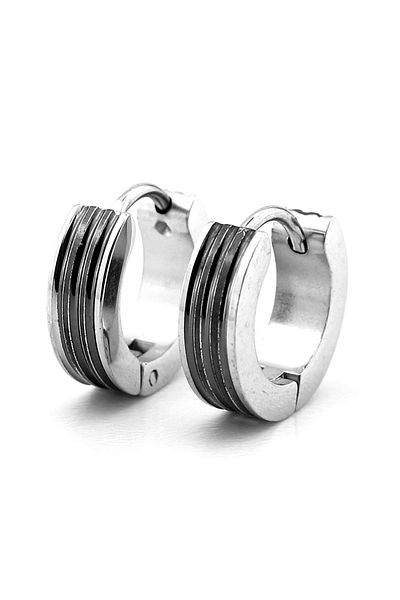 Solfera Silver Color Stainless Steel Men's Hoop Earrings with Double Black Stripe Er141
