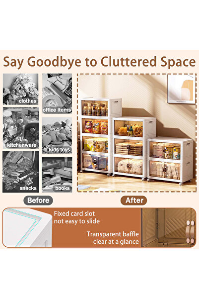 EqiEch Stackable Folding Storage Bins with Lids, 3-Layer Portable Plastic Cabinet with Wheels