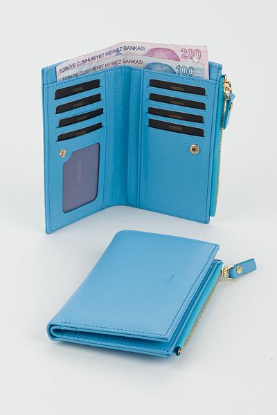Fossil Boxed Genuine Leather Sky Blue Medium Size Women's Hand Portfolio Card Holder Wallet