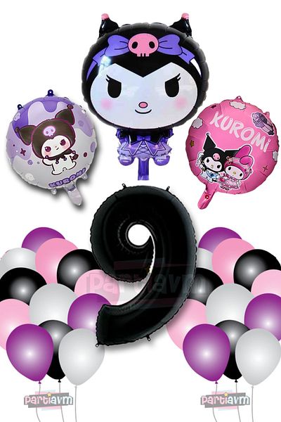 PARTİAVM 9 Year Old Kuromi Theme Balloon Pink Black White Purple Balloon - Black Number Balloon and Printed Foil Balloon