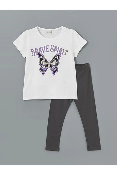 LC Waikiki Lcw Eco Gray Crew Neck Girls T-Shirt & Leggings