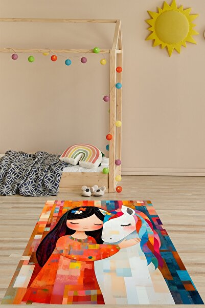 on the clouds Renk Geçişli Tek Boynuzlu At Ve Kız Yıkanabilir Kaymaz Taban Le...