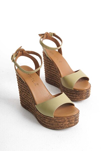 ERNİLA Sidé Avocado Genuine Leather Wedge Heel Sandals