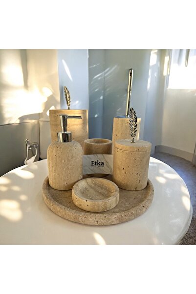 Etka Marble Design 7 Li Traverten Mermer Banyo Seti Tüy Gümüş Mercan Detaylı ...