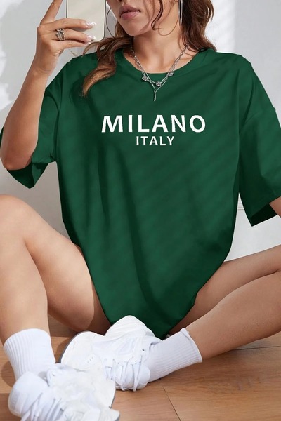 stg spor toptan giyim Tricou verde Milano Italia B cu imprimeu O supradimensi...