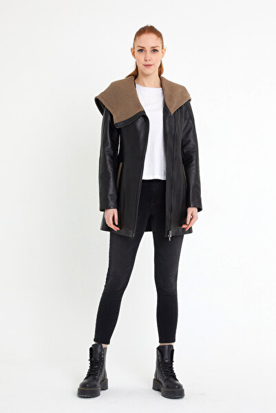 nero leather fur معطف جلد نسائي بتفاصيل تريكو بغطاء للرأس