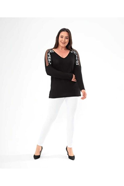 Esina Γυναικεία μπλούζα από πλεκτή πέτρα και τούλι με λεπτομέρειες