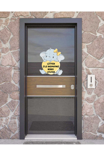 Tekin Store Zile Basmayınız Bebek Uyuyor - Fil Sarı Kalp Kapı Zil Üstü Sticker