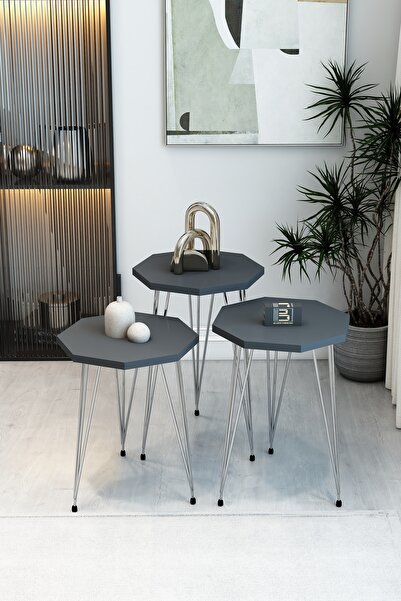BARIN DESIGN 3'lü Sekizgen Zigon Sehpa Seti - Gümüş Metal Ayaklı, Modern & Şı...
