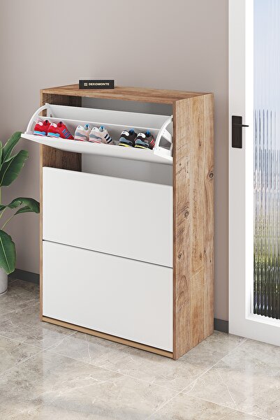 Dekomonte Çam Kapak Beyaz Düşer Kapaklı Ayakkabılık Kayar Raflı Ayakkabılık 3 Bölmeli Ayakkabılık