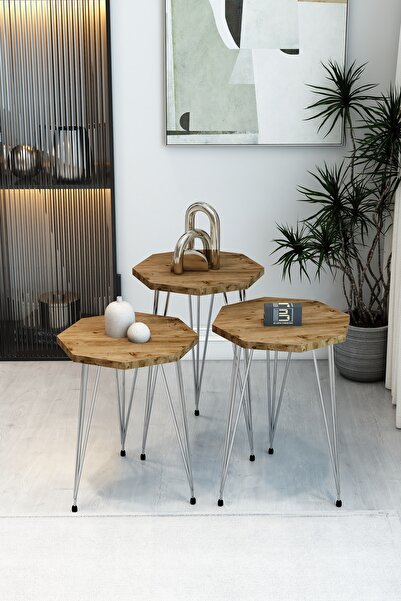 BARIN DESIGN 3'lü Sekizgen Zigon Sehpa Seti - Gümüş Metal Ayaklı, Modern & Şı...