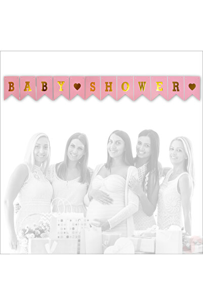 Süsle Baby Party Baby Shower Altın Baskılı Bayrak Flama, 2 mt - Pembe