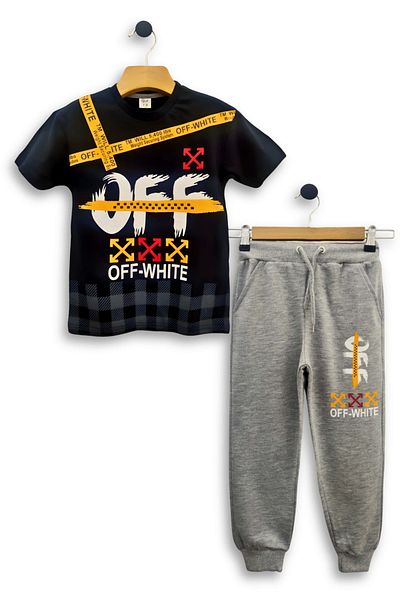 TRİLİYA Triliya Boy's Double Set - Off-White Printed T-Shirt and Sweatpants Age 3-11