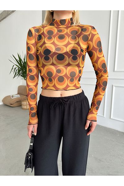 Look Forward Bluză crop din tul cu mânecă lungă, cu model retro, pentru femei
