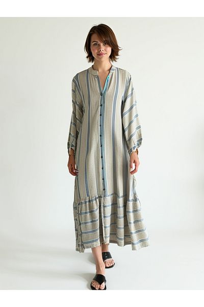 AYASOFYA OTANTIK Rochie de damă, bej, albastru, cu guler cu plăcuță, cu nasturi în față, cu centură cu volane, cu mânecă cu balon, din bumbac
