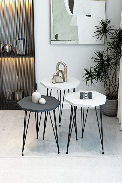 BARIN DESIGN 3'lü Sekizgen Zigon Sehpa Seti - Siyah Metal Ayaklı, Modern & Şı...