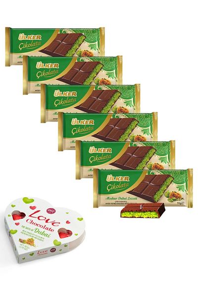 Ülker Dubai Chocolate 93 g X 6 Pieces and 1 Piece Elite Love Chocolate Dubai Chocolate 105g