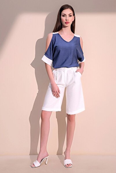 Juuuj Women's Ecru & White Quality Pocketed Double Leg Linen Bermuda Shorts