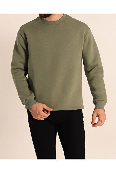 Ventuno Giyim Erkek Düz Kırık Beyaz Krem Ekru Basic Baskısız Sıfır Bisiklet Yaka Oversize  Sweatshirt Sweat