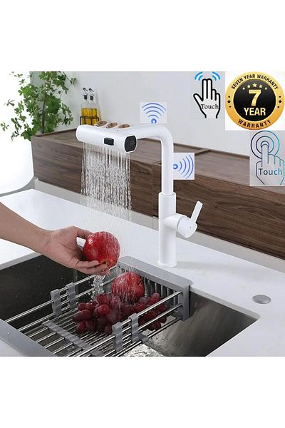 OEM White Kitchen Sink Faucet - Shower Waterfall, Touch, 3 Functions, Spiral