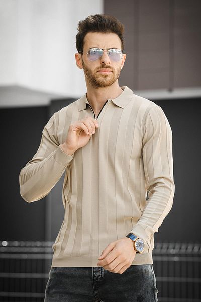 Oksit Vilnius Slim Fit Men's Knitwear - Striped Shirt Collar, Half Zipper