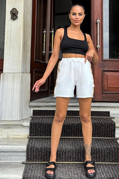 Juuuj Γυναικείο εκρού ύφασμα Airobin, ελαστική μέση, λεπτομέρεια από ψάθι, άνετο σορτς