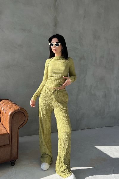 Seda Yalçın Atelier Pistachio Green Color Textured Spring Basic Comfortable Set