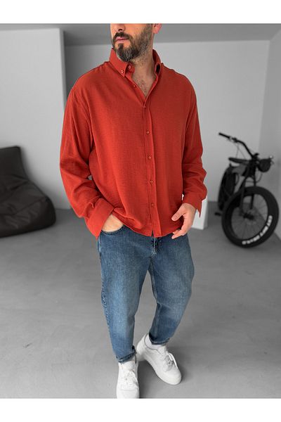 BYBASICMAN Pm-008 Model Brick Colored Crinkle Fabric Shirt