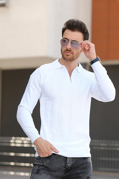 Oksit Ανδρικά πλεκτά Vilnius Slim Fit - Ριγέ γιακά πουκάμισου, μισό φερμουάρ
