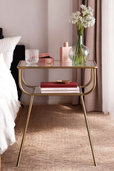 LYN HOME & DECOR Geyik Yan Sehpa, Metal Sehpa, Cam Sehpa, Salon, Yatak Odası, Antre Mobilya