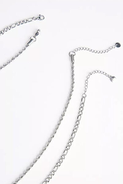 New Obsessions Silver Color Basic Twist and Figaro Men's Chain Necklace Set of 2